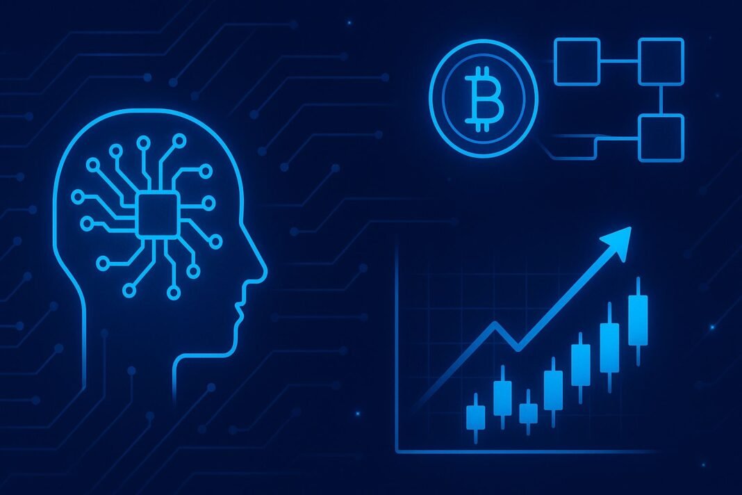Yapay zeka ve blockchain teknolojisini içeren dijital finans ve kripto para grafiklerinin modern tasarımı.