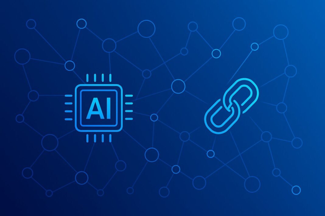 Yapay zeka ve blockchain teknolojisini anlatan dijital görsel, kripto hayat ve kripto para piyasası, yapay zeka finans ve teknoloji teması, yüksek çözünürlük, modern tasarım.