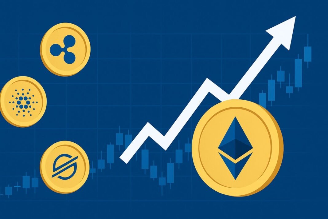 Kripto para coinleri ve grafik, yükseliş trendi simgeleri, Ethereum, Ripple ve Solana gibi blockchain teknolojileri, yatırım ve kripto piyasası analizi.