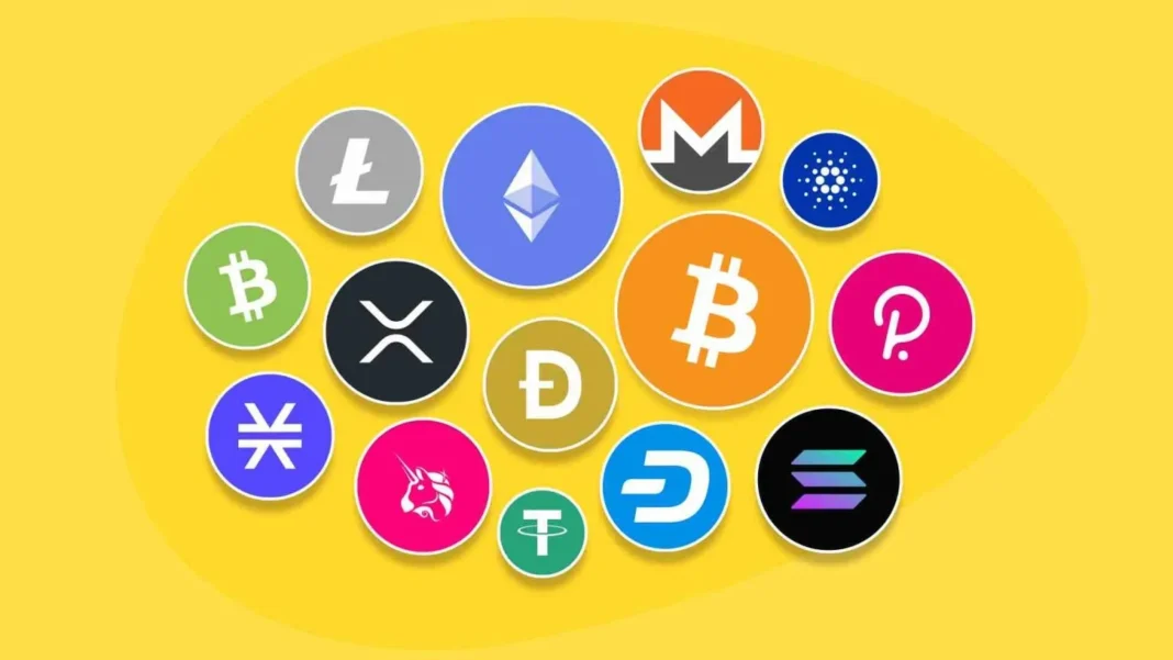 Kripto para coinleri ve simgeleri, Bitcoin, Ethereum, Ripple, Litecoin ve diğer kripto varlıklar ile ilgili görsel. Kripto hayatı ve dijital para yatırımları için çeşitli kripto para birimleri ön plana çıkıyor.