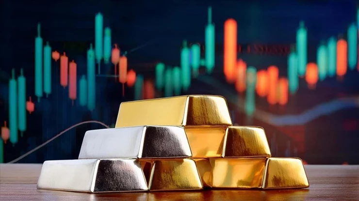 Alt metin: Kripto para piyasası ile ilgili grafik ve altın ve gümüş gibi değerli metalleri temsil eden altın ve gümüş külçeleri.