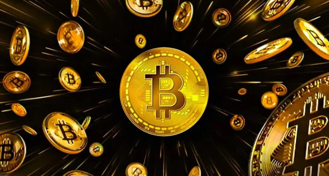 Bitcoin simgeleriyle dolu, parlak altın coinler ve dijital finans temasıyla kripto para dünyasını yansıtan görsel. Kripto para yatırımcıları ve blockchain teknolojisi odaklı içeriklere uygun.