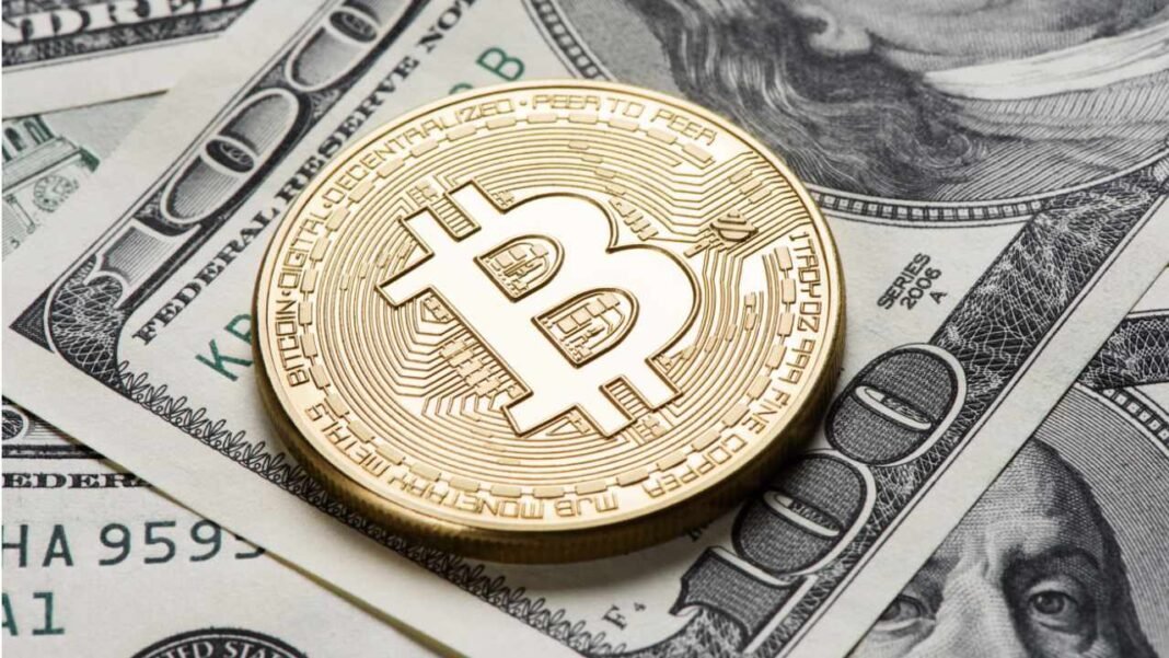 Bitcoin simgesi altın coin ve ABD doları banknotlarıyla finansal teknoloji ve kripto para yatırımını temsil ediyor.