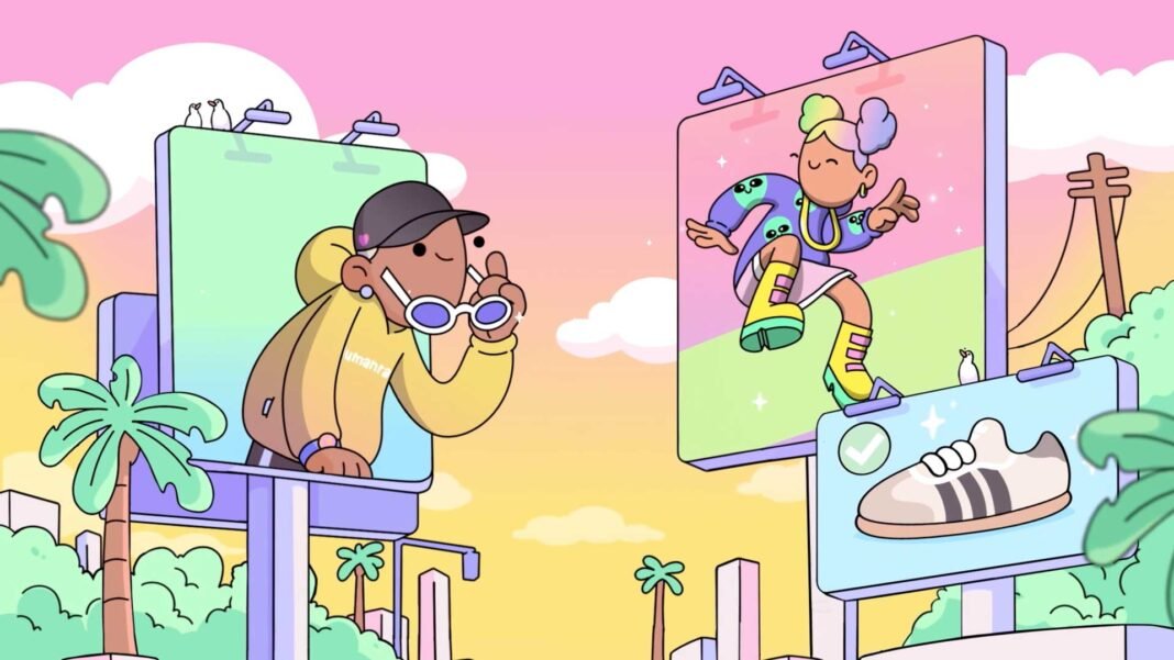 Yazlık şık kadın ve erkek çizim, moda ve stil temalı billboardlar ve açık hava reklamları, pastel renkli arka plan, genç ve trendy tasarım, kripto hayat ve dijital moda vurgusu.