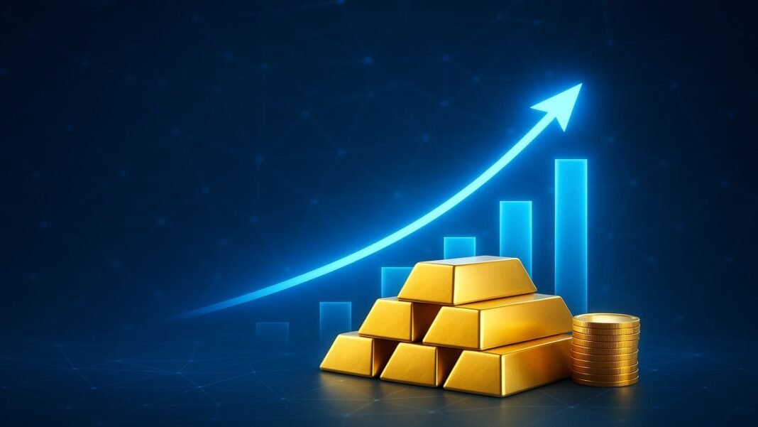 Alt metin: Dijital para ve altın yatırımını temsil eden yükselen grafik ve blockchain teknolojisi arka planıyla finans ve kripto para teması.