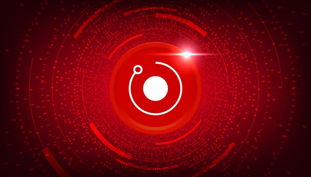 Yüksek teknolojili dijital grafik, kırmızı renkli dönen daireler ve odak noktasındaki merkezi simge ile kripto para ve blockchain konseptleri.