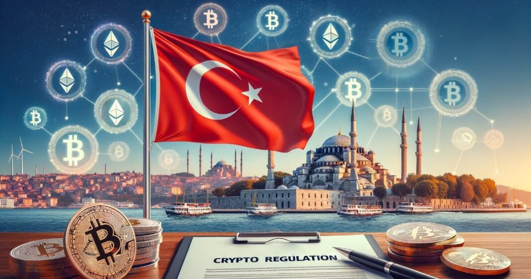 T.C. bayrağı önünde Bitcoin ve Ethereum simgeleriyle kripto para regülasyonu, İstanbul silüeti ve finansal teknolojiler. Kripto Hayat platformu ile blockchain ve kripto para piyasalarını yakından takip edin.