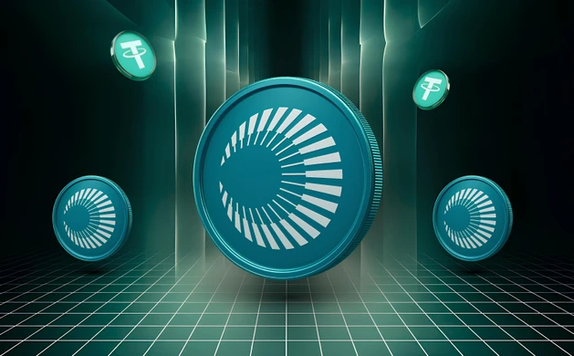 Kripto para simgeleri ve grafiklerle dolu teknolojik bir arka planda, yüksek kaliteli Tether (USDT) coinleri ön planda yer alıyor, kripto piyasası ve güncel dijital varlıklar temalı görsel.