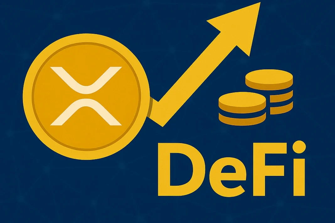 xrp-defi-blue_webp_1536x1024_52kb_q80 Yüksek çözünürlüklü XRP kripto para simgesi ve büyüyen grafik ile DeFi ve blockchain teknolojisi vurgulayan görsel.