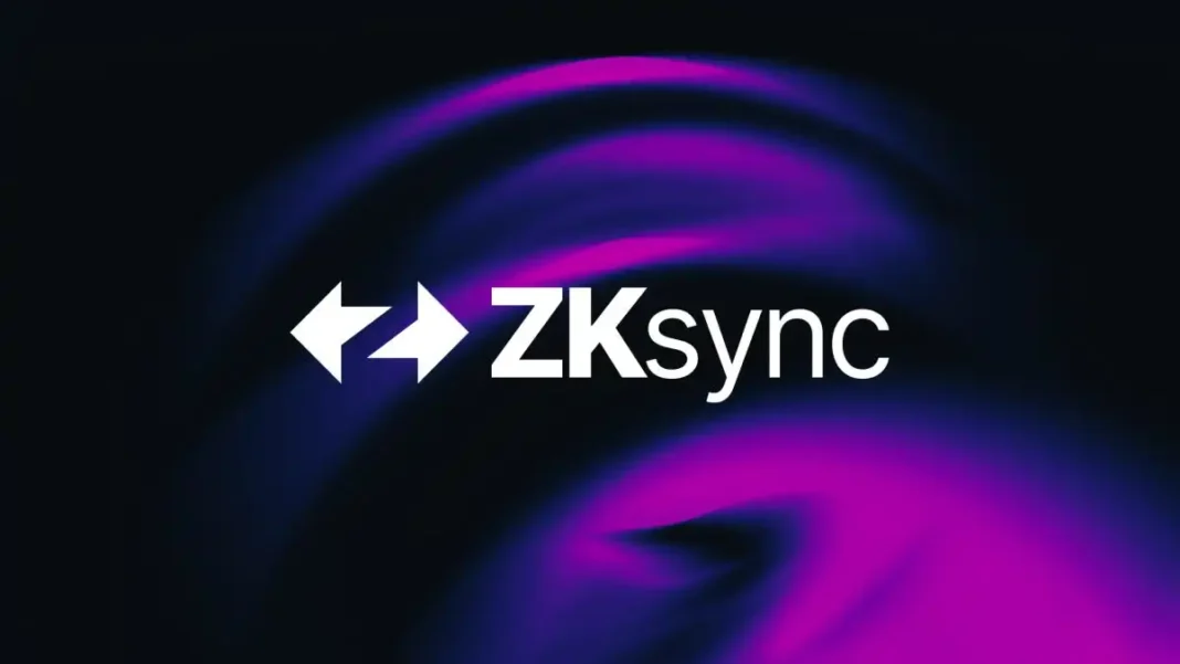 ZKsync logo siyah fon ve mor ışık etkisi ile blockchain ve kripto para transferi teknolojisi vurgusu yapıyor.